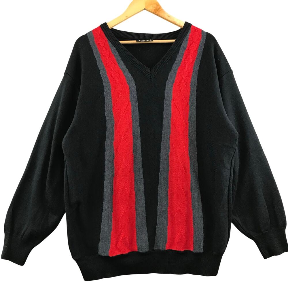 Vintage Tuscan Sweater Men L Merino Wool Blend Italy Black Red Gray Stripe